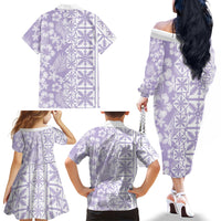 Pastel Purple Kahili Quilt Hawaii Family Matching Off The Shoulder Long Sleeve Dress and Hawaiian Shirt Tropical Flower Seamless Half Style
