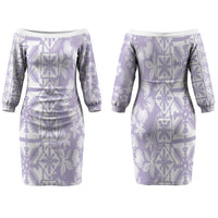 Pastel Purple Kahili Quilt Hawaii Family Matching Off The Shoulder Long Sleeve Dress and Hawaiian Shirt Tropical Flower Seamless Half Style LT14 Mom's Dress Purple - Polynesian Pride