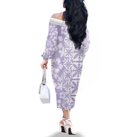 Pastel Purple Kahili Quilt Hawaii Family Matching Off The Shoulder Long Sleeve Dress and Hawaiian Shirt Tropical Flower Seamless Half Style