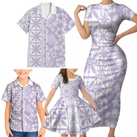 Pastel Purple Kahili Quilt Hawaii Family Matching Short Sleeve Bodycon Dress and Hawaiian Shirt Tropical Flower Seamless Half Style LT14 - Polynesian Pride