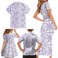 Pastel Purple Kahili Quilt Hawaii Family Matching Short Sleeve Bodycon Dress and Hawaiian Shirt Tropical Flower Seamless Half Style