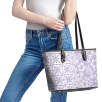 Pastel Purple Kahili Quilt Hawaii Leather Tote Bag Tropical Flower Seamless Half Style