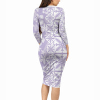 Pastel Purple Kahili Quilt Hawaii Long Sleeve Bodycon Dress Tropical Flower Seamless Half Style LT14 - Polynesian Pride