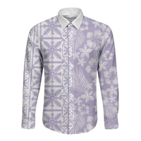 Pastel Purple Kahili Quilt Hawaii Long Sleeve Button Shirt Tropical Flower Seamless Half Style LT14 Unisex Purple - Polynesian Pride
