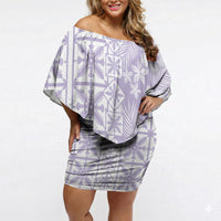 Pastel Purple Kahili Quilt Hawaii Off Shoulder Short Dress Tropical Flower Seamless Half Style LT14 Women Purple - Polynesian Pride