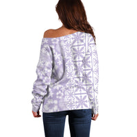Pastel Purple Kahili Quilt Hawaii Off Shoulder Sweater Tropical Flower Seamless Half Style