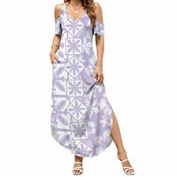 Pastel Purple Kahili Quilt Hawaii Summer Maxi Dress Tropical Flower Seamless Half Style LT14 Women Purple - Polynesian Pride
