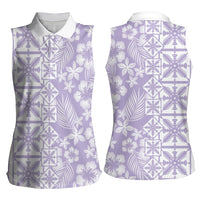 Pastel Purple Kahili Quilt Hawaii Women Sleeveless Polo Shirt Tropical Flower Seamless Half Style