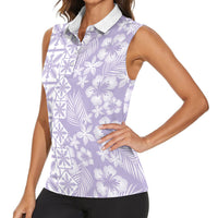 Pastel Purple Kahili Quilt Hawaii Women Sleeveless Polo Shirt Tropical Flower Seamless Half Style