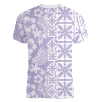 Pastel Purple Kahili Quilt Hawaii Women V-Neck T-Shirt Tropical Flower Seamless Half Style