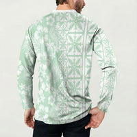Pastel Green Kahili Quilt Hawaii Button Sweatshirt Tropical Flower Seamless Half Style
