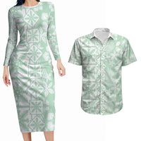 Pastel Green Kahili Quilt Hawaii Couples Matching Long Sleeve Bodycon Dress and Hawaiian Shirt Tropical Flower Seamless Half Style LT14 Green - Polynesian Pride