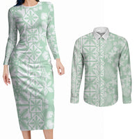 Pastel Green Kahili Quilt Hawaii Couples Matching Long Sleeve Bodycon Dress and Long Sleeve Button Shirt Tropical Flower Seamless Half Style LT14 Green - Polynesian Pride