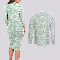 Pastel Green Kahili Quilt Hawaii Couples Matching Long Sleeve Bodycon Dress and Long Sleeve Button Shirt Tropical Flower Seamless Half Style