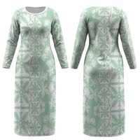 Pastel Green Kahili Quilt Hawaii Couples Matching Long Sleeve Bodycon Dress and Long Sleeve Button Shirt Tropical Flower Seamless Half Style LT14 - Polynesian Pride