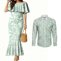 Pastel Green Kahili Quilt Hawaii Couples Matching Mermaid Dress and Long Sleeve Button Shirt Tropical Flower Seamless Half Style LT14 Green - Polynesian Pride