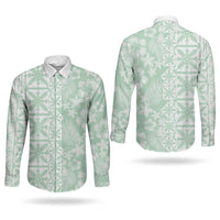 Pastel Green Kahili Quilt Hawaii Couples Matching Mermaid Dress and Long Sleeve Button Shirt Tropical Flower Seamless Half Style LT14 - Polynesian Pride
