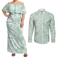 Pastel Green Kahili Quilt Hawaii Couples Matching Off Shoulder Maxi Dress and Long Sleeve Button Shirt Tropical Flower Seamless Half Style LT14 Green - Polynesian Pride