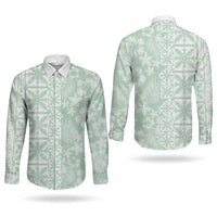 Pastel Green Kahili Quilt Hawaii Couples Matching Off Shoulder Maxi Dress and Long Sleeve Button Shirt Tropical Flower Seamless Half Style LT14 - Polynesian Pride