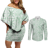 Pastel Green Kahili Quilt Hawaii Couples Matching Off Shoulder Short Dress and Long Sleeve Button Shirt Tropical Flower Seamless Half Style LT14 Green - Polynesian Pride