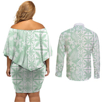 Pastel Green Kahili Quilt Hawaii Couples Matching Off Shoulder Short Dress and Long Sleeve Button Shirt Tropical Flower Seamless Half Style