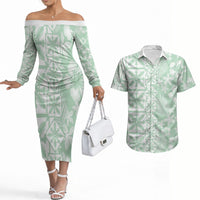 Pastel Green Kahili Quilt Hawaii Couples Matching Off The Shoulder Long Sleeve Dress and Hawaiian Shirt Tropical Flower Seamless Half Style LT14 Green - Polynesian Pride