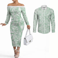 Pastel Green Kahili Quilt Hawaii Couples Matching Off The Shoulder Long Sleeve Dress and Long Sleeve Button Shirt Tropical Flower Seamless Half Style LT14 Green - Polynesian Pride