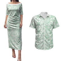 Pastel Green Kahili Quilt Hawaii Couples Matching Puletasi and Hawaiian Shirt Tropical Flower Seamless Half Style LT14 Green - Polynesian Pride