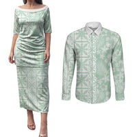 Pastel Green Kahili Quilt Hawaii Couples Matching Puletasi and Long Sleeve Button Shirt Tropical Flower Seamless Half Style LT14 Green - Polynesian Pride
