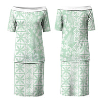 Pastel Green Kahili Quilt Hawaii Couples Matching Puletasi and Long Sleeve Button Shirt Tropical Flower Seamless Half Style LT14 - Polynesian Pride