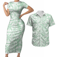 Pastel Green Kahili Quilt Hawaii Couples Matching Short Sleeve Bodycon Dress and Hawaiian Shirt Tropical Flower Seamless Half Style LT14 Green - Polynesian Pride