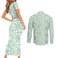 Pastel Green Kahili Quilt Hawaii Couples Matching Short Sleeve Bodycon Dress and Long Sleeve Button Shirt Tropical Flower Seamless Half Style