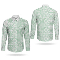 Pastel Green Kahili Quilt Hawaii Couples Matching Short Sleeve Bodycon Dress and Long Sleeve Button Shirt Tropical Flower Seamless Half Style LT14 - Polynesian Pride