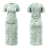 Pastel Green Kahili Quilt Hawaii Couples Matching Short Sleeve Bodycon Dress and Long Sleeve Button Shirt Tropical Flower Seamless Half Style LT14 - Polynesian Pride