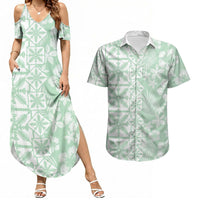 Pastel Green Kahili Quilt Hawaii Couples Matching Summer Maxi Dress and Hawaiian Shirt Tropical Flower Seamless Half Style LT14 Green - Polynesian Pride