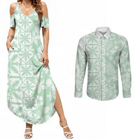 Pastel Green Kahili Quilt Hawaii Couples Matching Summer Maxi Dress and Long Sleeve Button Shirt Tropical Flower Seamless Half Style LT14 Green - Polynesian Pride