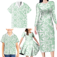 Pastel Green Kahili Quilt Hawaii Family Matching Long Sleeve Bodycon Dress and Hawaiian Shirt Tropical Flower Seamless Half Style