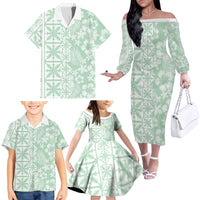 Pastel Green Kahili Quilt Hawaii Family Matching Off The Shoulder Long Sleeve Dress and Hawaiian Shirt Tropical Flower Seamless Half Style