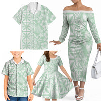 Pastel Green Kahili Quilt Hawaii Family Matching Off The Shoulder Long Sleeve Dress and Hawaiian Shirt Tropical Flower Seamless Half Style LT14 - Polynesian Pride