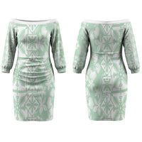 Pastel Green Kahili Quilt Hawaii Family Matching Off The Shoulder Long Sleeve Dress and Hawaiian Shirt Tropical Flower Seamless Half Style LT14 Mom's Dress Green - Polynesian Pride