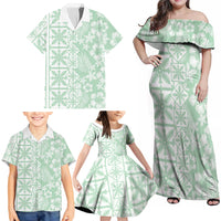 Pastel Green Kahili Quilt Hawaii Family Matching Off Shoulder Maxi Dress and Hawaiian Shirt Tropical Flower Seamless Half Style