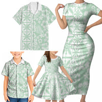 Pastel Green Kahili Quilt Hawaii Family Matching Short Sleeve Bodycon Dress and Hawaiian Shirt Tropical Flower Seamless Half Style LT14 - Polynesian Pride
