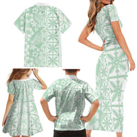Pastel Green Kahili Quilt Hawaii Family Matching Short Sleeve Bodycon Dress and Hawaiian Shirt Tropical Flower Seamless Half Style
