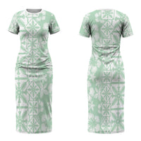 Pastel Green Kahili Quilt Hawaii Family Matching Short Sleeve Bodycon Dress and Hawaiian Shirt Tropical Flower Seamless Half Style LT14 Mom's Dress Green - Polynesian Pride