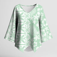 Pastel Green Kahili Quilt Hawaii Kimono Sleeve Blouse Tropical Flower Seamless Half Style