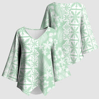 Pastel Green Kahili Quilt Hawaii Kimono Sleeve Blouse Tropical Flower Seamless Half Style