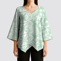 Pastel Green Kahili Quilt Hawaii Kimono Sleeve Blouse Tropical Flower Seamless Half Style