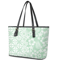 Pastel Green Kahili Quilt Hawaii Leather Tote Bag Tropical Flower Seamless Half Style