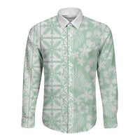 Pastel Green Kahili Quilt Hawaii Long Sleeve Button Shirt Tropical Flower Seamless Half Style LT14 Unisex Green - Polynesian Pride