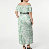 Pastel Green Kahili Quilt Hawaii Off Shoulder Maxi Dress Tropical Flower Seamless Half Style LT14 - Polynesian Pride